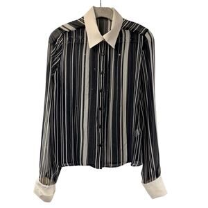 For Joseph Semi Sheer 100% Silk Top Black Striped Blouse Medium French Cuff